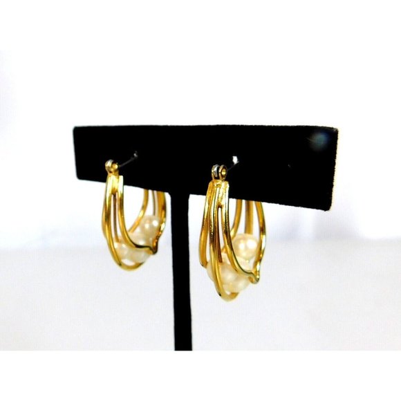 Faux Pearl Triple Wire Hoop Gold Tone Earrings Hinged Closure Pierced Ears - Picture 3 of 9